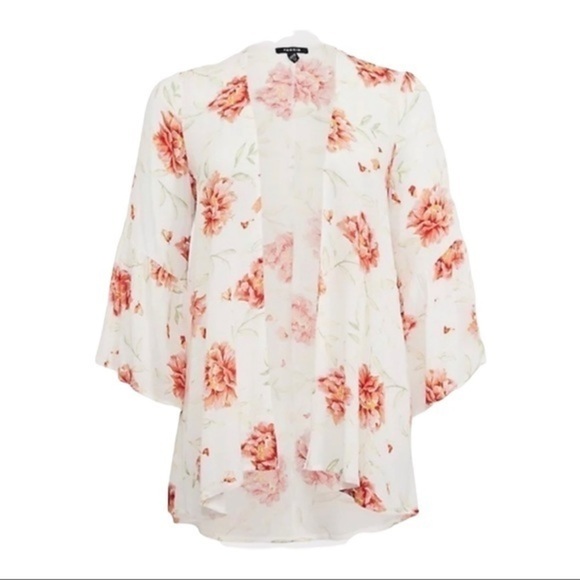 TORRID IVORY & ORANGE FLORAL CHIFFON KIMONO - Picture 1 of 8